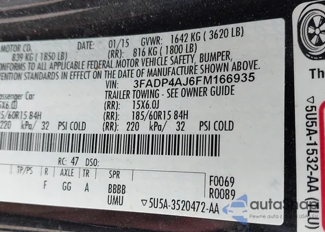 2015 Ford Fiesta S z USA, uszkodzony, nr VIN 3FADP4AJ6FM166935